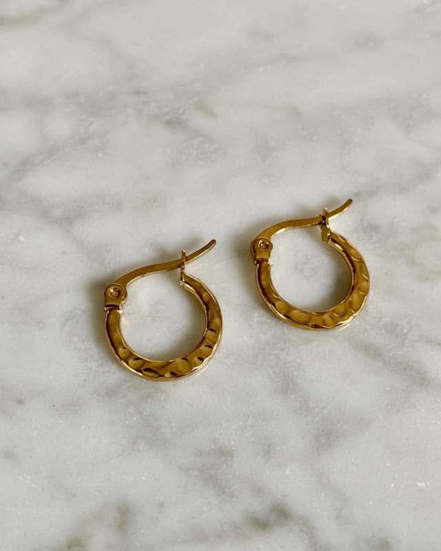 Stainless steel Pretty hoop small hammered gold 14mm (per paar)